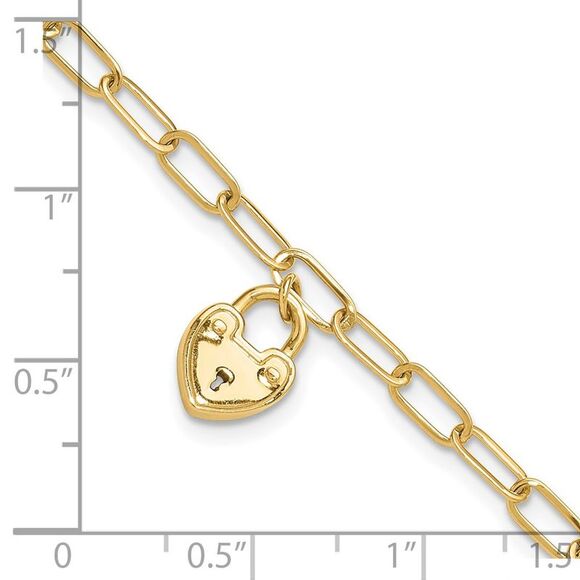 Kazi Luxury 14k Yellow Gold Polished Heart Lock Charm Paperclip Link Bracelet